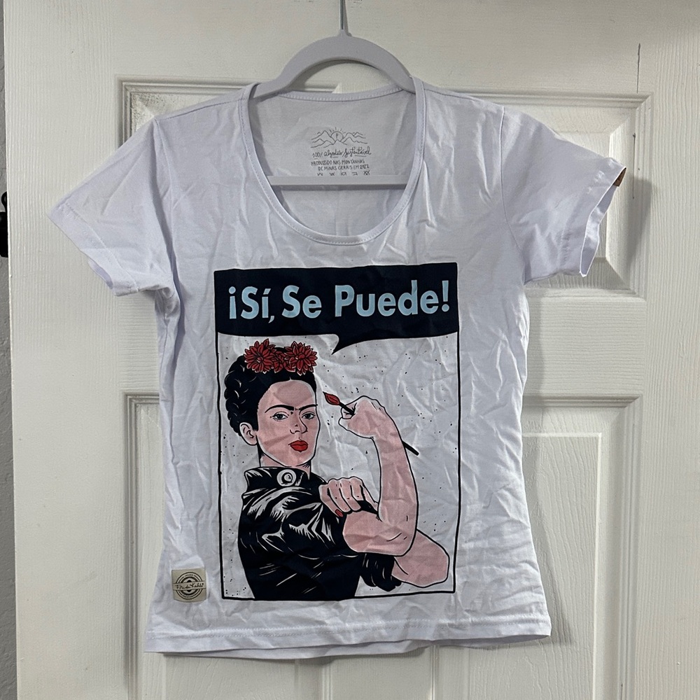 White Graphic Tee with Frida Kahlo Design
